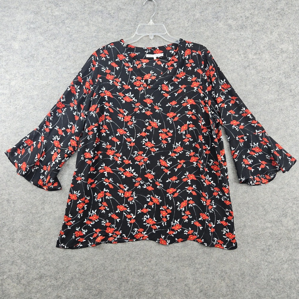 Violet+Claire Blouse Womens 1X Black Red Floral 3/4 Bell Sleeve Split V-Neck